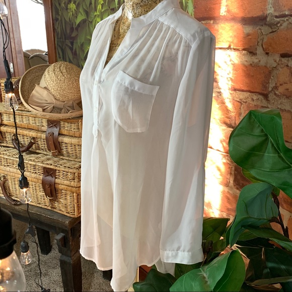 Tops - Half button up sheer top blouse career XL roll tab